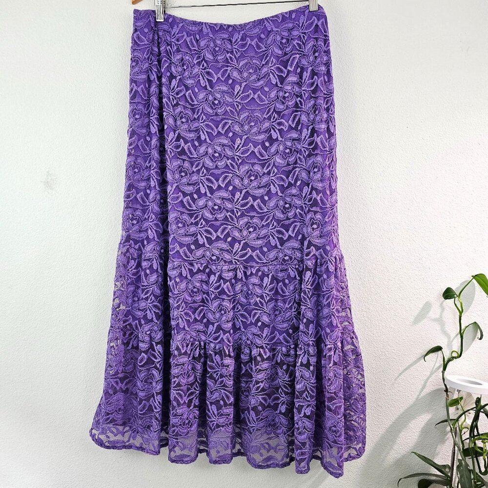 Y2K Lilac Fairy Roses Floral Lace Sheer Midi Skirt Sz 1X Lined Whimsigoth - Picture 5 of 8